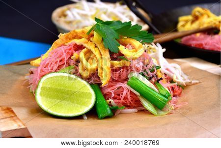 Thai Street Food Menu Pink Stir-fried Rice Noodles (thai Name Is Pad Mee Chompoo)