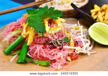 Thai Street Food Menu Pink Stir-fried Rice Noodles (thai Name Is Pad Mee Chompoo)