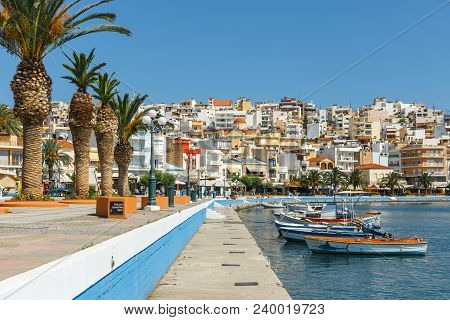 Sitia, Crete, Greece, June 11, 2917: Seaport Of Sitia Town With Moored Traditional Greek Fishing Boa