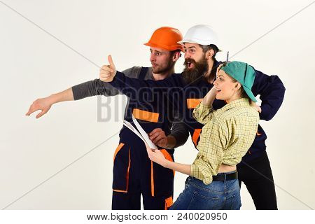 Brigade Of Workers, Repairers And Lady Happy About Results Of Repair, White Background. Brigadier, F