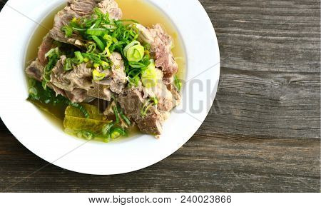 Hot And Spicy Pork Bone Hot Pot With Lime And Thai Herbs.(thai Name Is Tom Saep Or Tom Yum Kraduk Mo