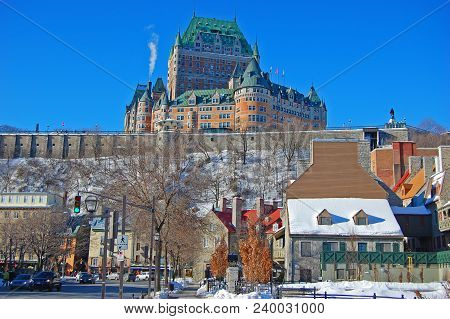 Chateau Frontenac Of Quebec City In Winter, Viewed From Boulevard Champlain Near Chevalier House, Qu