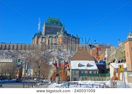 Chateau Frontenac Of Quebec City In Winter, Viewed From Boulevard Champlain Near Chevalier House, Qu