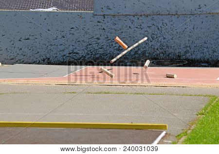 Gorodki - A Russian Folk Sports Game. In This Game You Need Specific Distances To Smash Figures Made