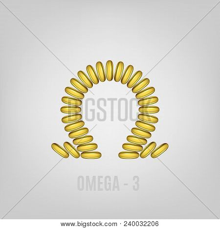 Cosmetic Capsule Of Omega 3 Oil. Golden Antibiotic Gel Pill Icon Template. Vector Realistic Serum Dr