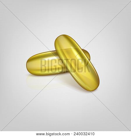 Cosmetic Capsule Of Omega 3 Oil Or Vitamin E, A. Golden Antibiotic Gel Pill Icon Template. Vector Re