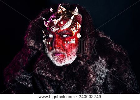 Senior Man With White Beard Dressed Like Monster. Alien, Demon, Sorcerer Makeup. Evil Concept. Demon