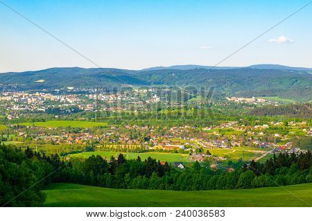 Liberec City Panorama With Jizera Mountains On The Background, Czech Republic. Sunny Spring Day.