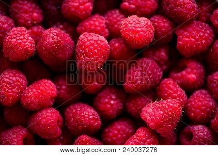 Fresh Raspberries Background With Copy Space. Top View, Close Up. Summer, Vitamin, Vegan, Vegetarian