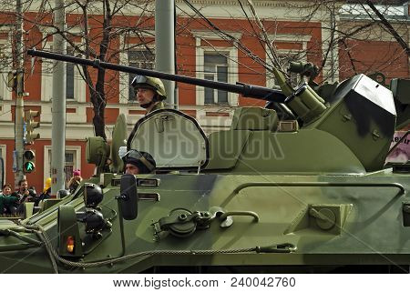 Perm, Russia - May 09, 2018: Btr-82a Armored Personnel Carrier With A Crew On A City Street After Th