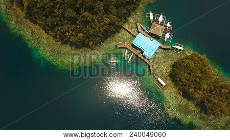 Aerial View: Bucas Grande Island, Sohoton Cove. Philippines. Tropical Sea Bay And Lagoon, Beach. Tro