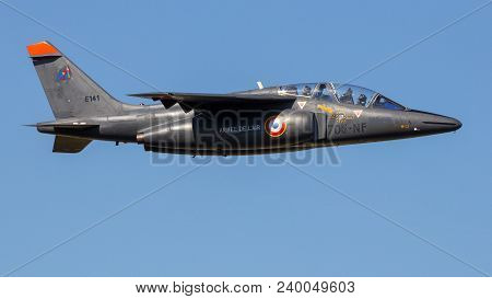 Gilze-rijen, The Netherlands - Sep 7, 2016: French Air Force Alpha Jet Trainer Jet Plane In Flight.