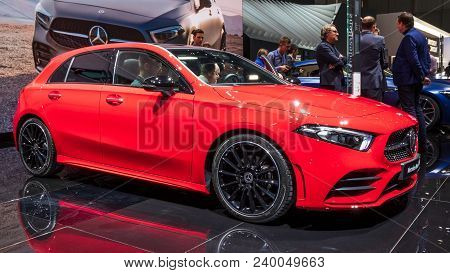 Geneva, Switzerland - March 7, 2018: New Mercedes Benz A200 Car Presented At The 88th Geneva Interna