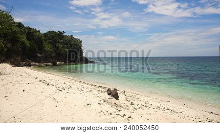 Tropical Beach With White Sand With Beach House On A Tropical Island Bohol . Beautiful Sky, Sea. Sea
