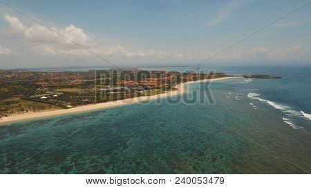 Aerial View Of Beautiful Beach, Hotels And Tourists, Pura Geger, Nusa Dua, Bali, Indonesia. Seascape