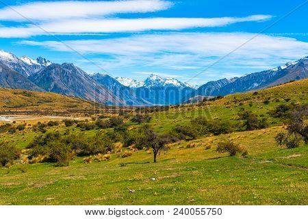 A Green Valley In New Zealand In The Midst Of Snowcapped Mountains.