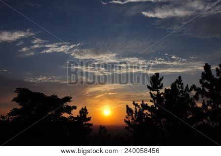 Sunset, Nature Landscape, Sun Between Trees, Blue Sky,