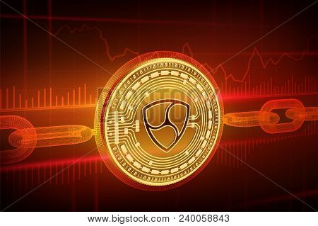 Crypto Currency. Block Chain. Nem. 3d Isometric Physical Golden Nem Coin With Wireframe Chain. Block