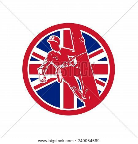 Icon Retro Style Illustration Of A British Linesman Or Powerline Worker On Utility Pole  With United