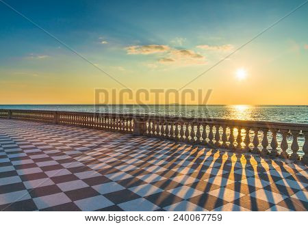 Mascagni Terrazza Terrace Belvedere Seafront At Sunset. Livorno Tuscany Italy Europe.
