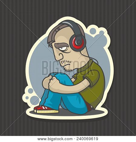 Vector Illustration Of A Sad Man In Headphones Listening To The Music.
