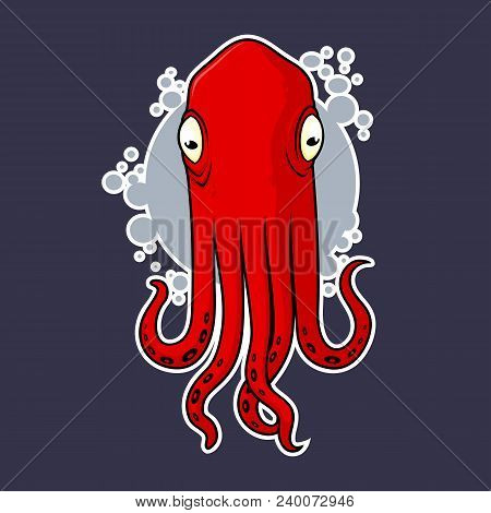 Vector Illustration Of Red Octopus On Background With Bubbles. Cartoon Sealife Sticker With Octopus.