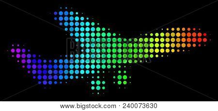 Pixelated Impressive Halftone Aiplane Icon Drawn With Spectrum Color Tones With Horizontal Gradient 