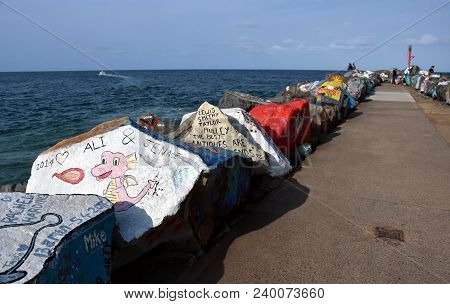 Port Macquarie, Australia - Oct 1, 2017. Along The Southern Breakwall Of Port Macquarie's Hastings R