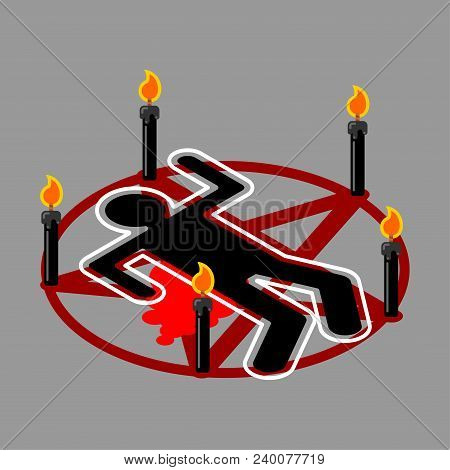 Ritual Sacrifice. Pentagram Of Devil. Satan Sign. Call Daemon. Black Candles. Vector Illustration
