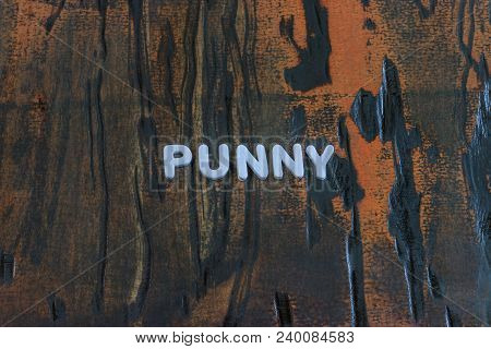 The Word Punny Written In White Block Letters On A Orange And Brown Wood Surface