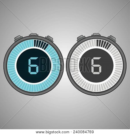 Electronic Digital Stopwatch. Timer 6 Seconds Isolated On Gray Background. Stopwatch Icon Set. Timer