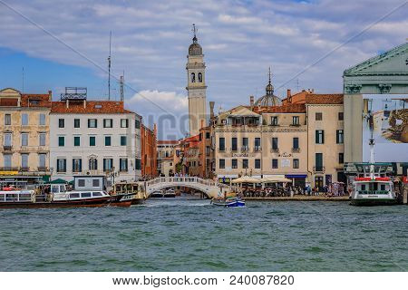 Venice, Italy - September 15,2017: Facades Of A Typical Old Buildings Along Grand Canal Of Venice It