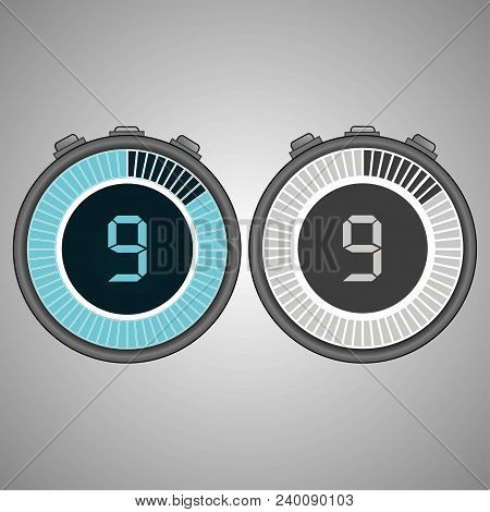 Electronic Digital Stopwatch. Timer 9 Seconds Isolated On Gray Background. Stopwatch Icon Set. Timer