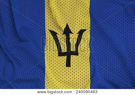 Barbados Flag Printed On A Polyester Nylon Sportswear Mesh Fabric With Some Folds