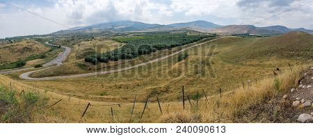 Panoramic Landscape Of Countryside And The Galilee Mountains In The Hula Valley, View From Tel Hazor