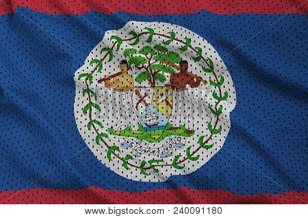 Belize Flag Printed On A Polyester Nylon Sportswear Mesh Fabric With Some Folds