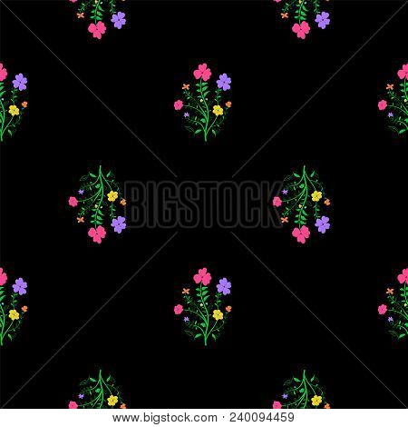 Floral Seamless Pattern. Black Background With Vivi Flowers.