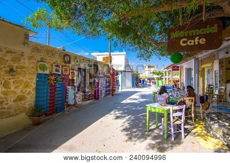 Colorful Street In Matala Village, Crete, Greece On May 01, 2018.