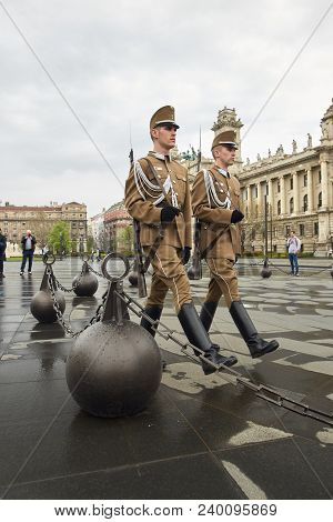 Budapest, Hungary - 17 April 2018: Honor Guard At The Hungarian Parliament.