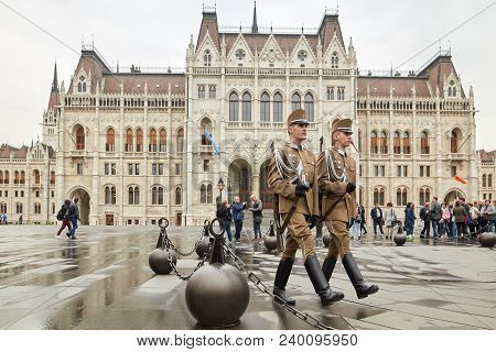 Budapest, Hungary - 17 April 2018: Honor Guard At The Hungarian Parliament.