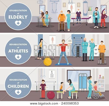 Rehabilitation Centerof Eldery Athletes Children. Vector Image. Isometric Banner.