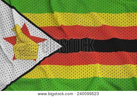Zimbabwe Flag Printed On A Polyester Nylon Sportswear Mesh Fabric With Some Folds