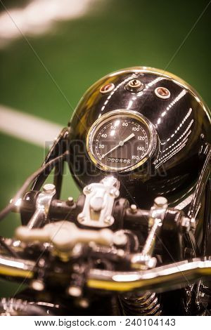 Close Up Shot With The Speedometer Of A Vintage Motorcycle.