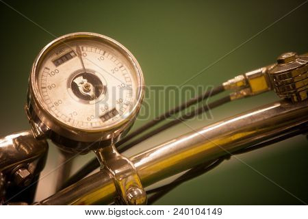 Close Up Shot With The Speedometer Of A Vintage Motorcycle.
