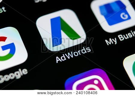 Sankt-petersburg, Russia, May 10, 2018: Google Adwords Application Icon On Apple Iphone X Screen Clo