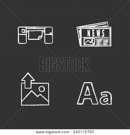 Printing Chalk Icons Set. Polygraphy And Typography. Large Format Printer, Newspaper, Image Uploadin
