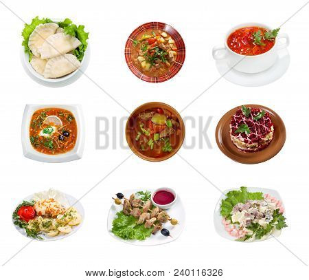 Food Set Of Different  Russian Traditional Lunch Dishes . Collage