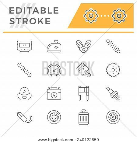 Set Line Icons Of Motorcycle Parts Isolated On White. Editable Stroke. Vector Illustration