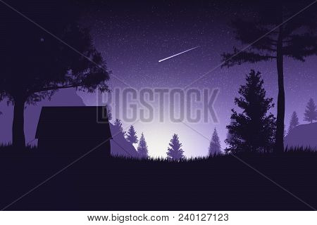 Tent Under A Tree In The Night Forest