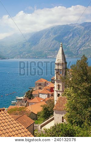 Beautiful Metiterranean Landscape. Montenegro, Bay Of Kotor. View Of Ancient Town Of Perast With  Be